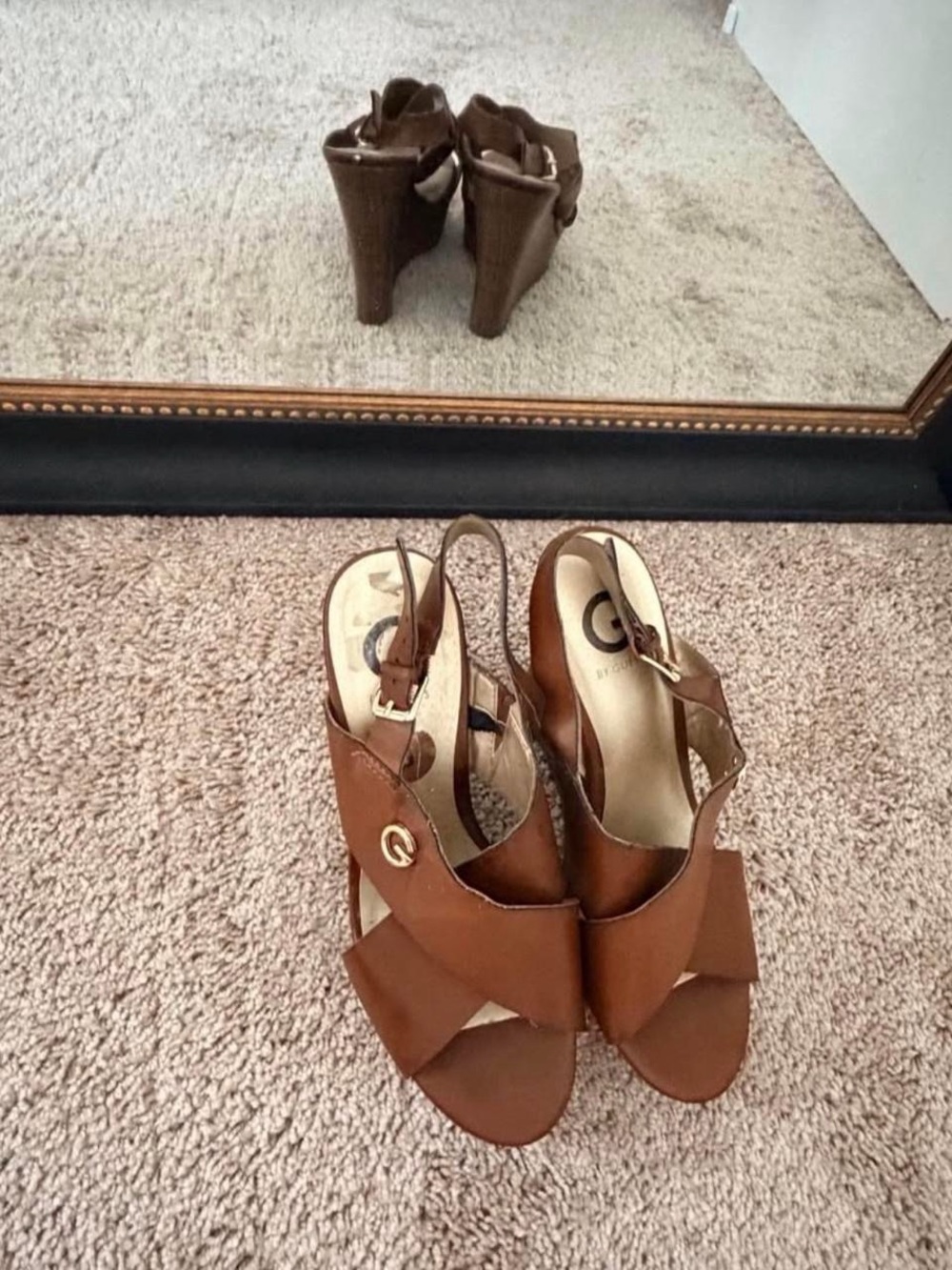 G by Guess Tan Leather Crossband Slingback Wedge Sandals